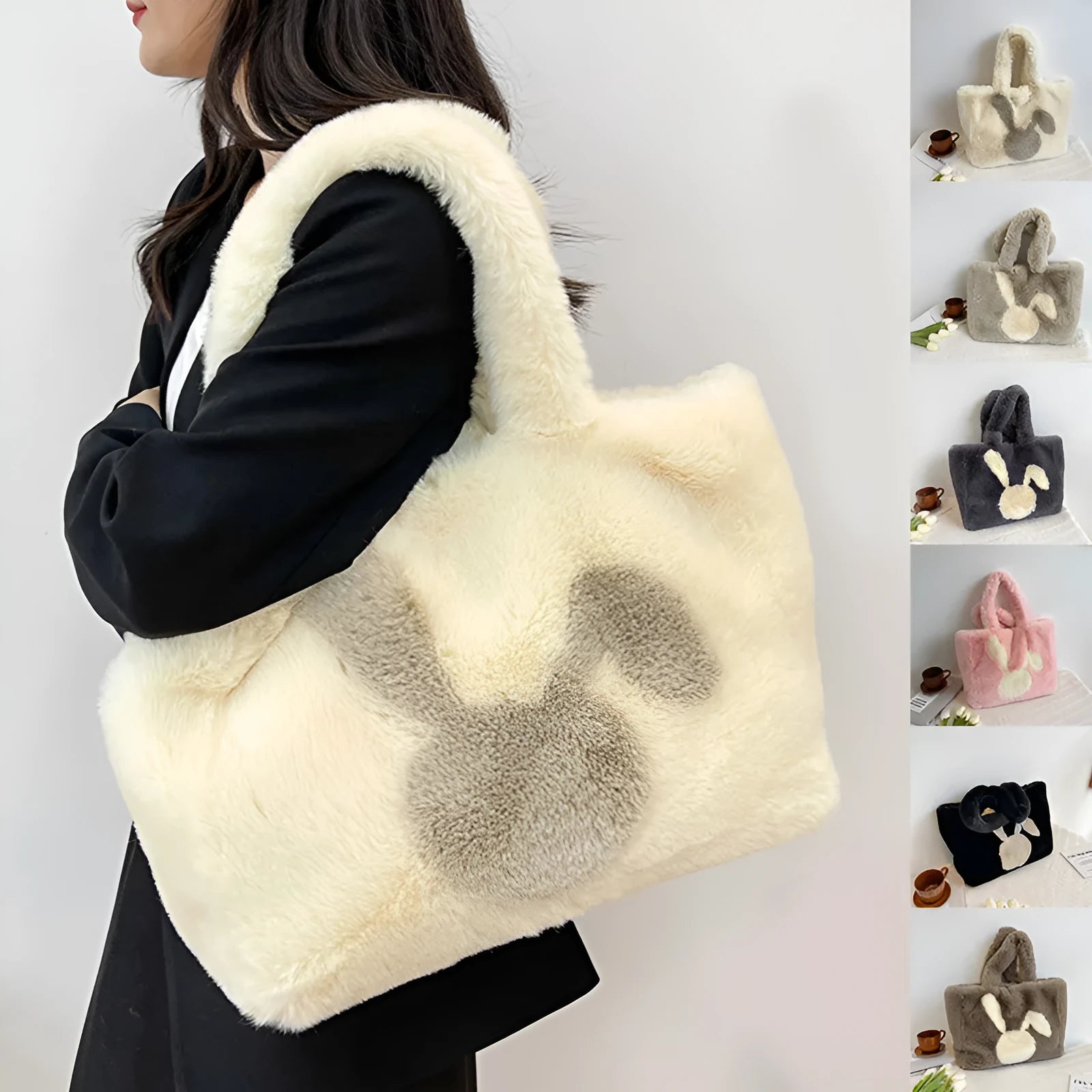 Plush shoulder bag with cartoon rabbit ears detail in solid colour