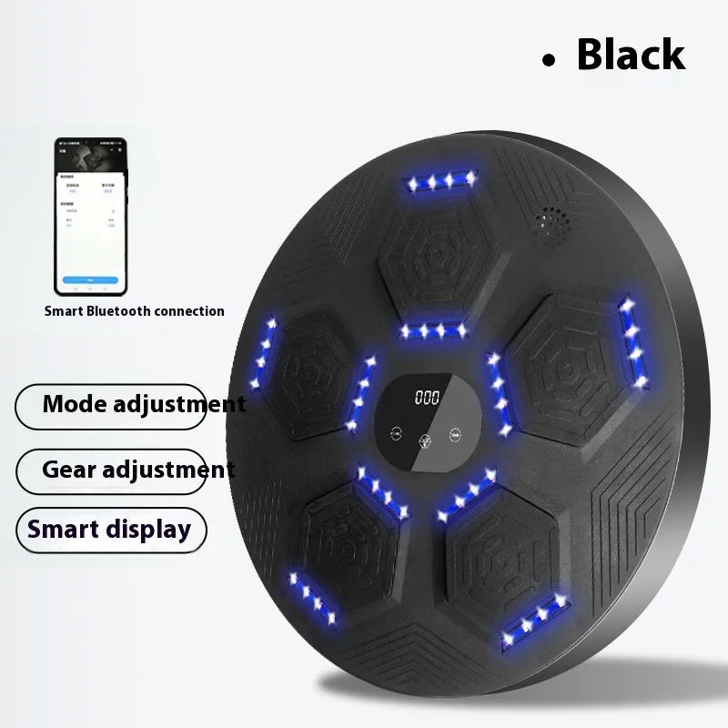 Smart wall-mounted boxing reaction target with LED lights on a grey PU surface.