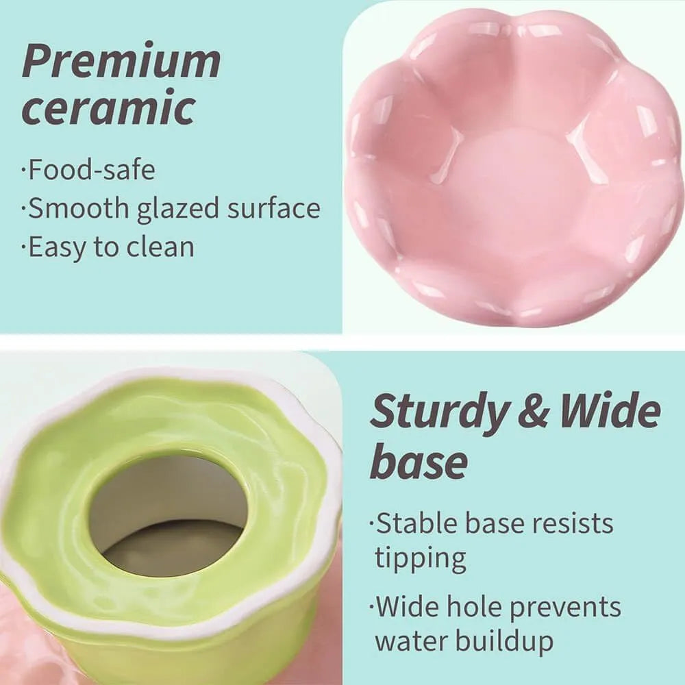 Ceramic Raised Cat Bowl Shallow Wide Flower Design Anti-Vomiting And Whisker Fatigue Non-Slip Tilted 15-Degree Angle Cute Cat Food And Water Bowls For Indoor Cats Pink