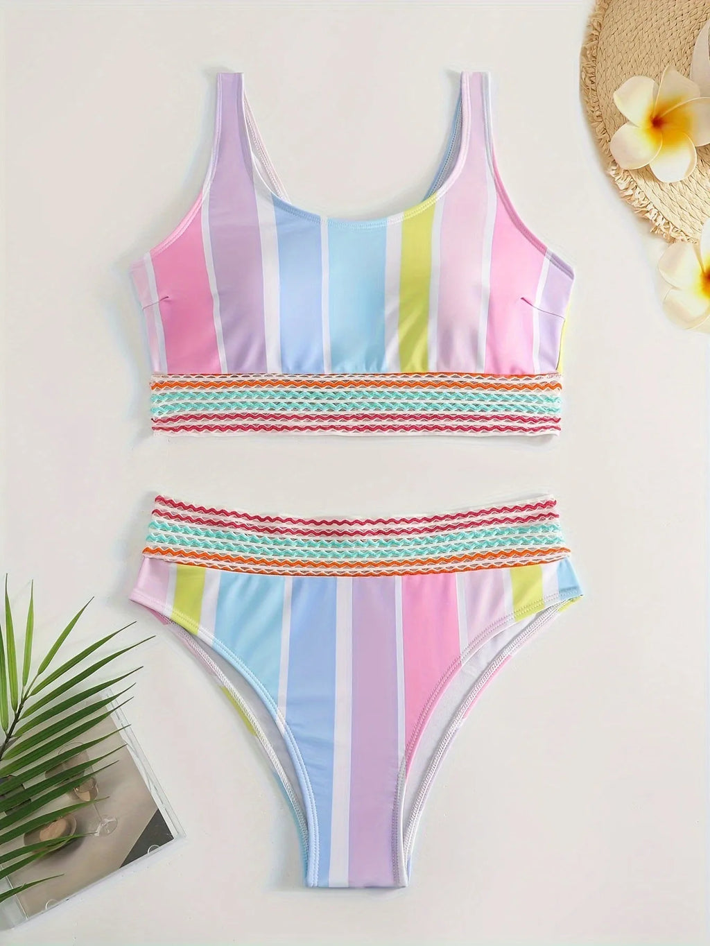 Women's striped bikini swimwear set with European American style pattern in polyester spandex fabric
