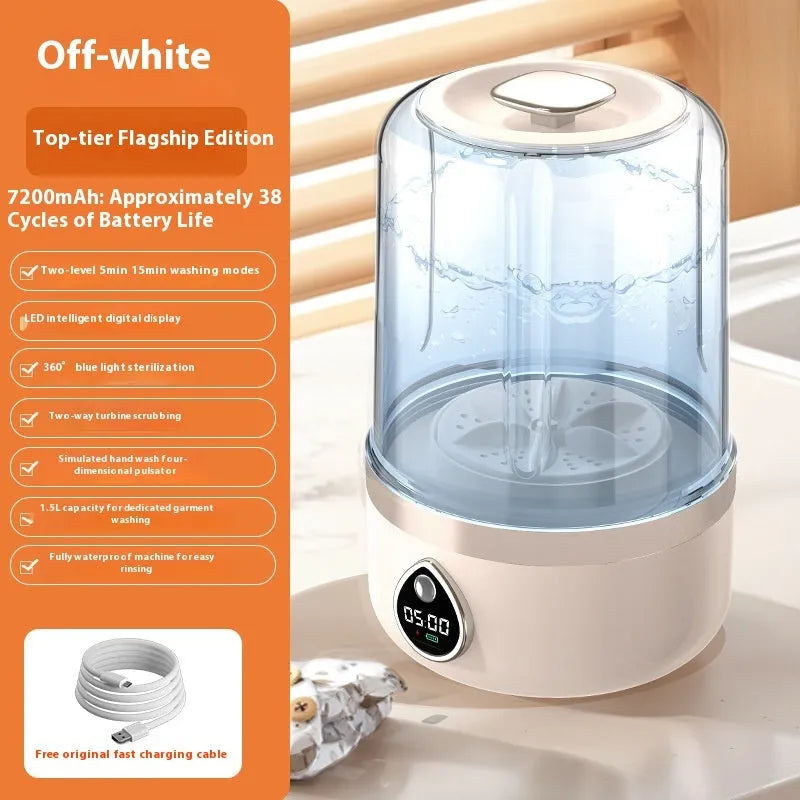 White portable mini washing machine with USB cable on a countertop