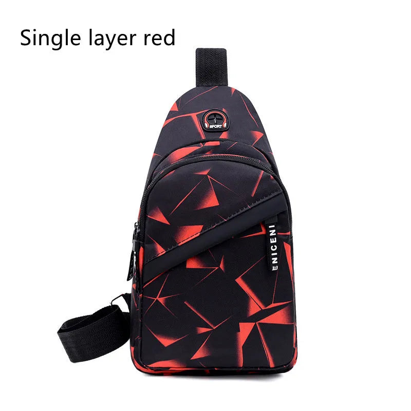 Blue print sling chest bag with a crossbody strap, showing the earphone hole and zipper opening.
