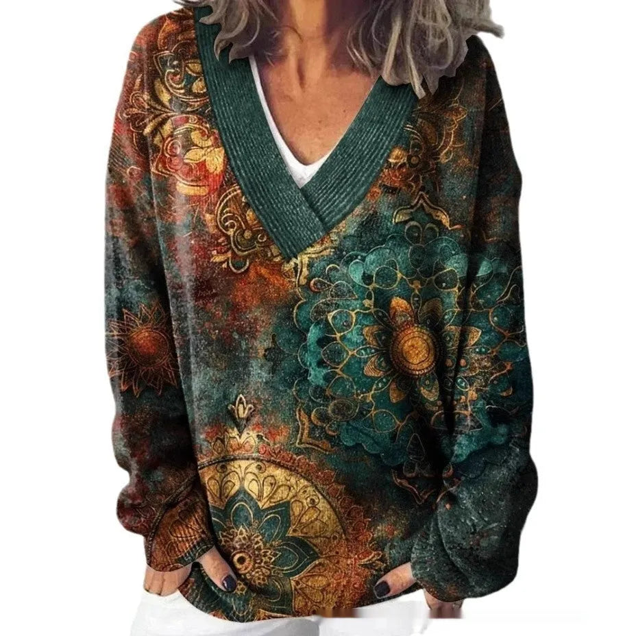Women's V-neck sweatshirt with 3D floral pattern print and long sleeves