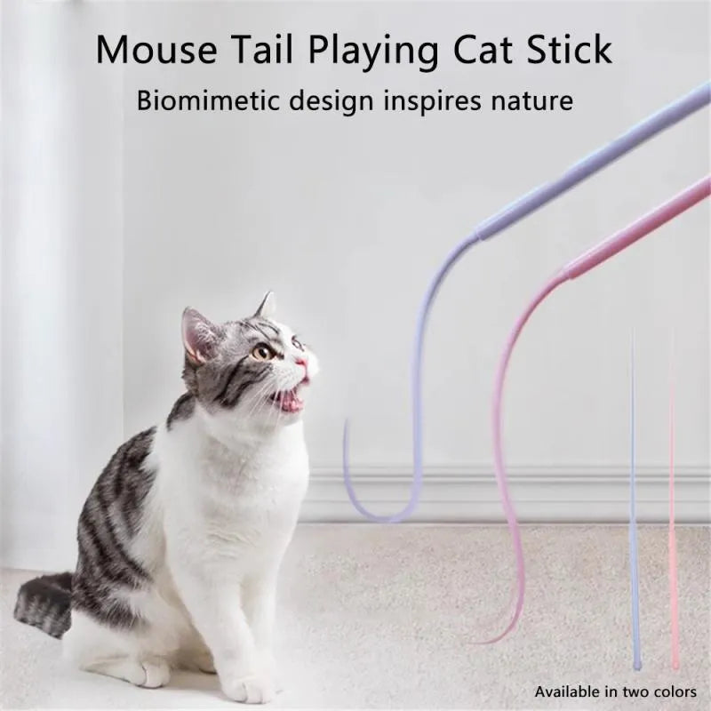 Blue cat teaser wand toy with long silicone mouse tail and cat-shaped handle