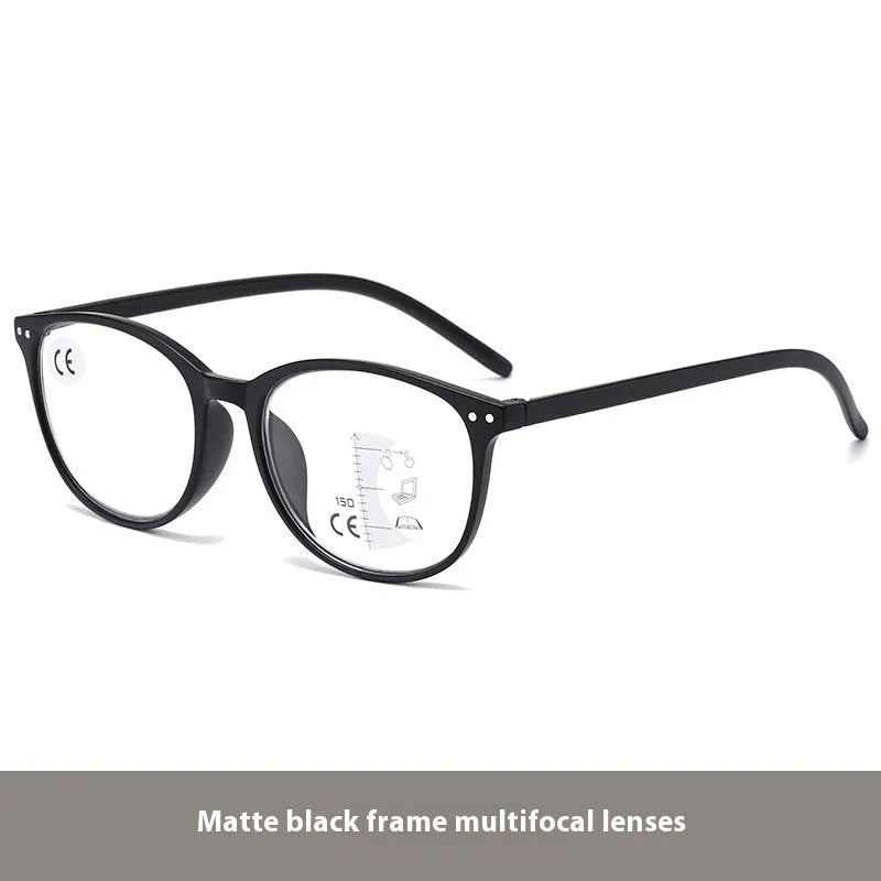 Ultra-light metal frame multi-focus presbyopic glasses for women in a champagne box colour.
