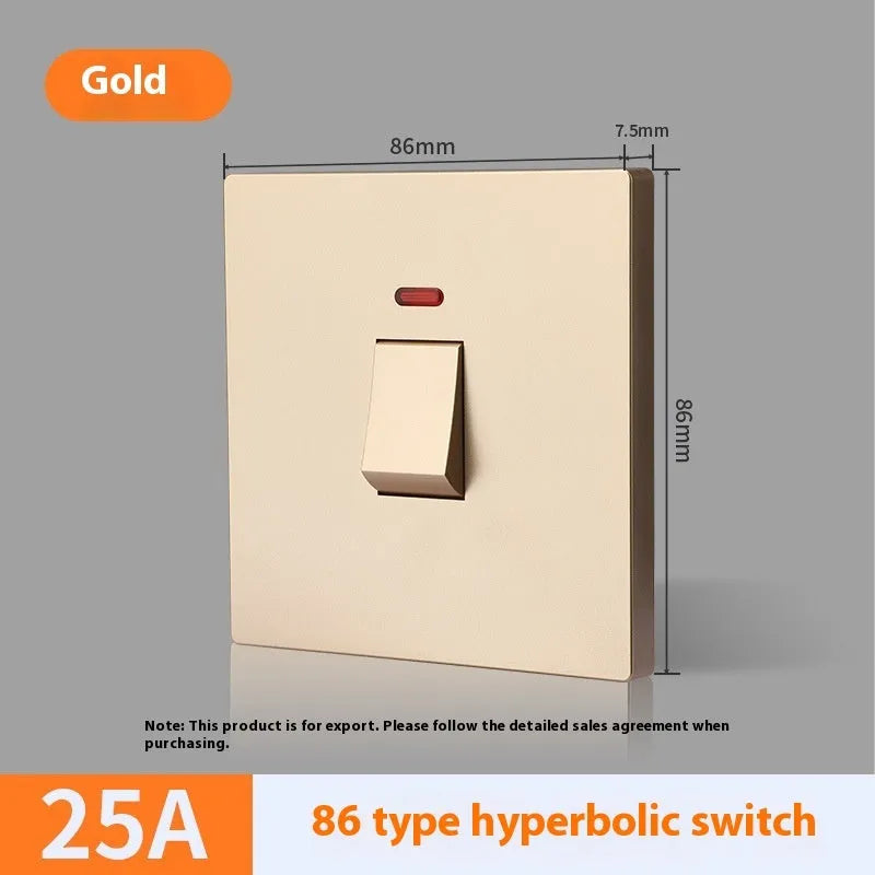 High-current illuminated switch socket for water heaters and air conditioners in gold, grey or white