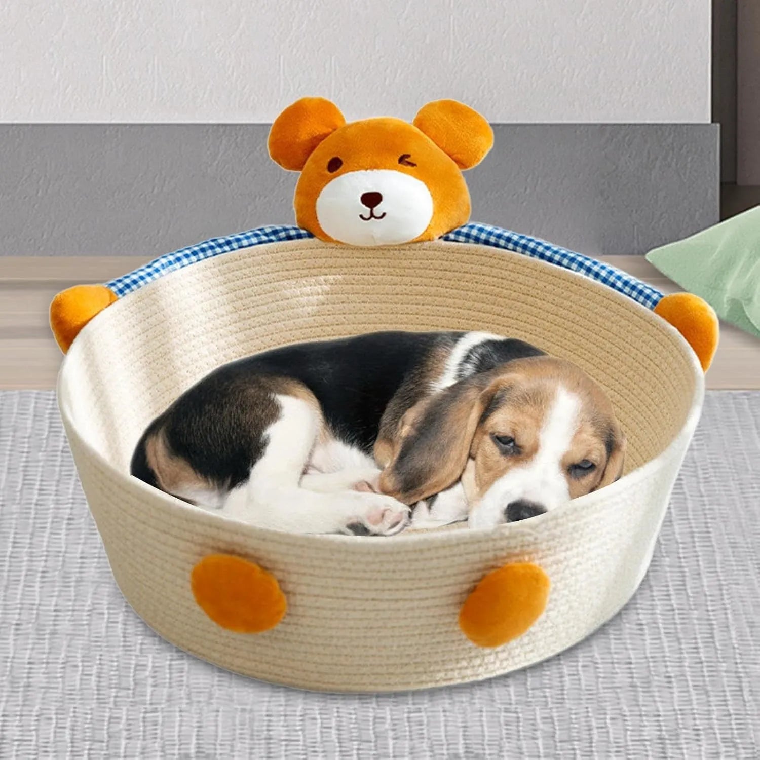 Woven cotton rope cat bed basket with bear pattern, functioning as a pet bed, scratcher, and storage container.
