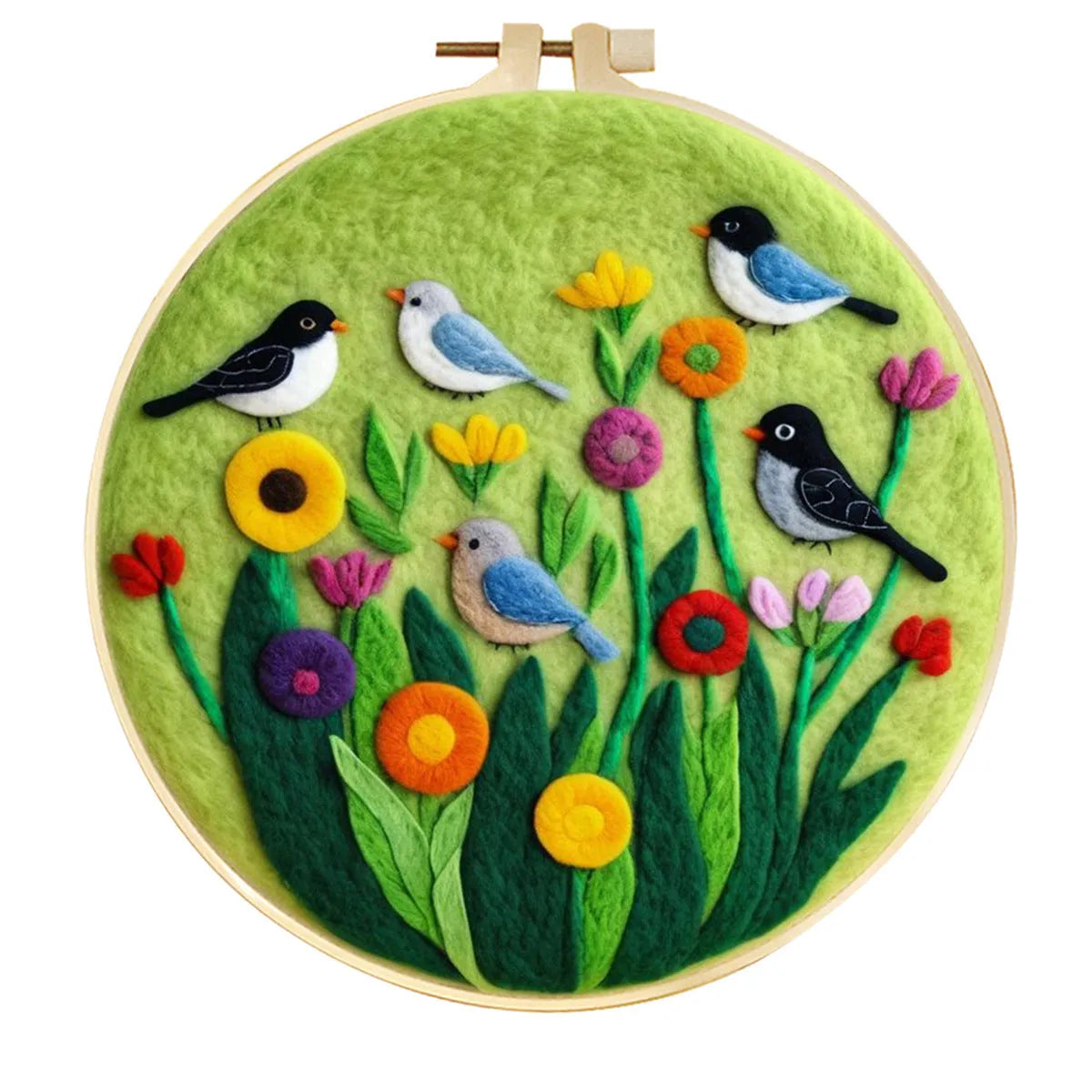 Round linen embroidery kit with wool felt materials for three-dimensional floral design
