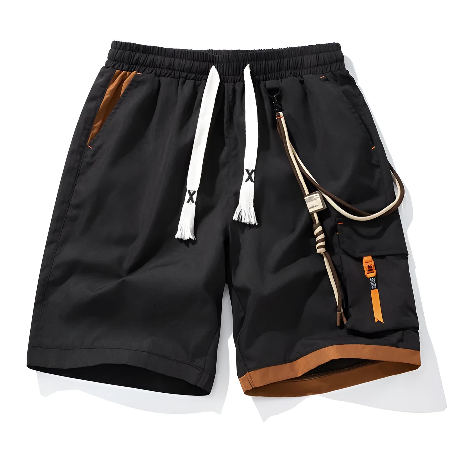 Man wearing loose-fitting black bamboo fibre sports shorts with a straight-leg cropped cut.