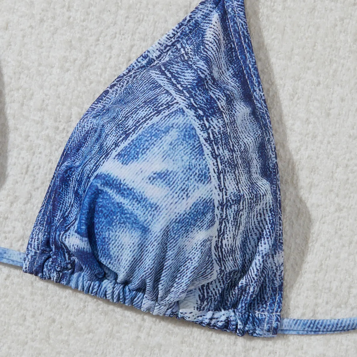 Women's denim blue printed bikini set with adjustable straps