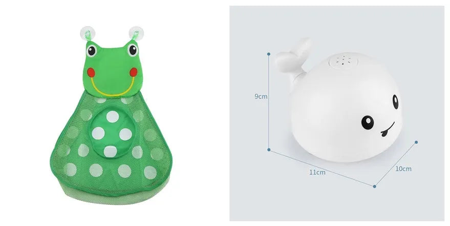 White and blue whale-shaped bath toy with water spray and LED lights floating in water