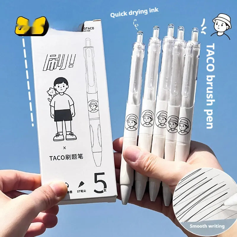 Five white ballpoint pens with 0.5mm tips and black ink