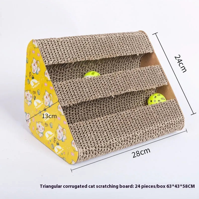 Corrugated paper cat scratch board with leather border in one of seven available styles.