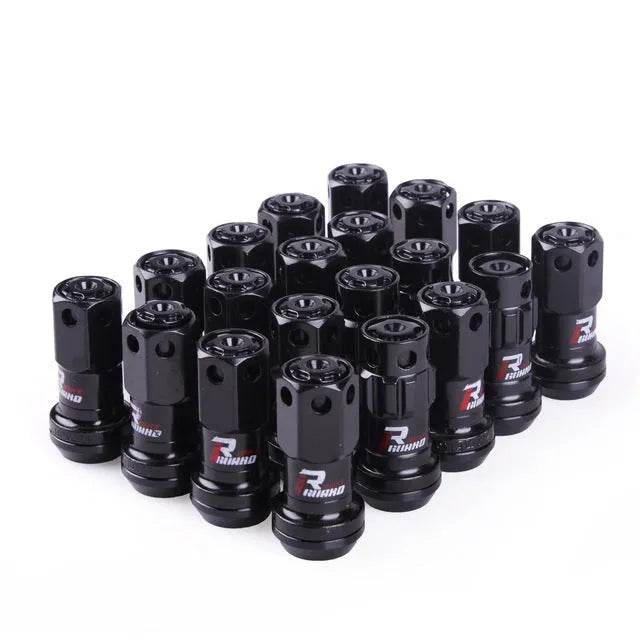 Set of forged aluminium alloy wheel hub nuts in various colours showing M12 thread.