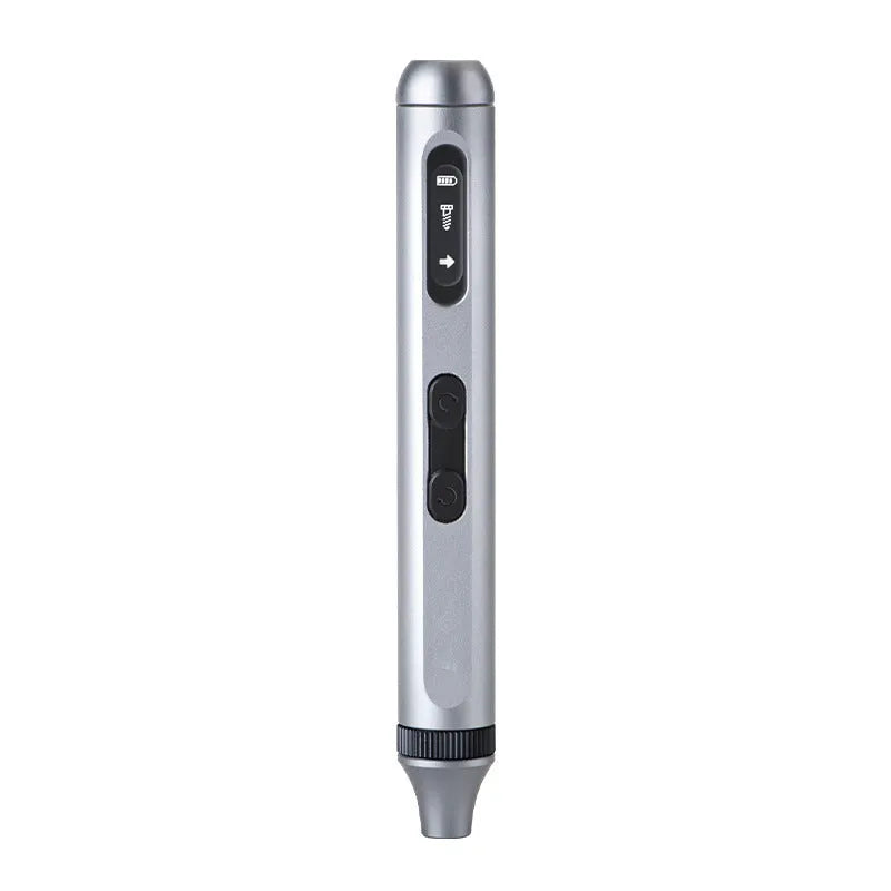 Aluminium alloy precision electric screwdriver showing compact design and charging port.