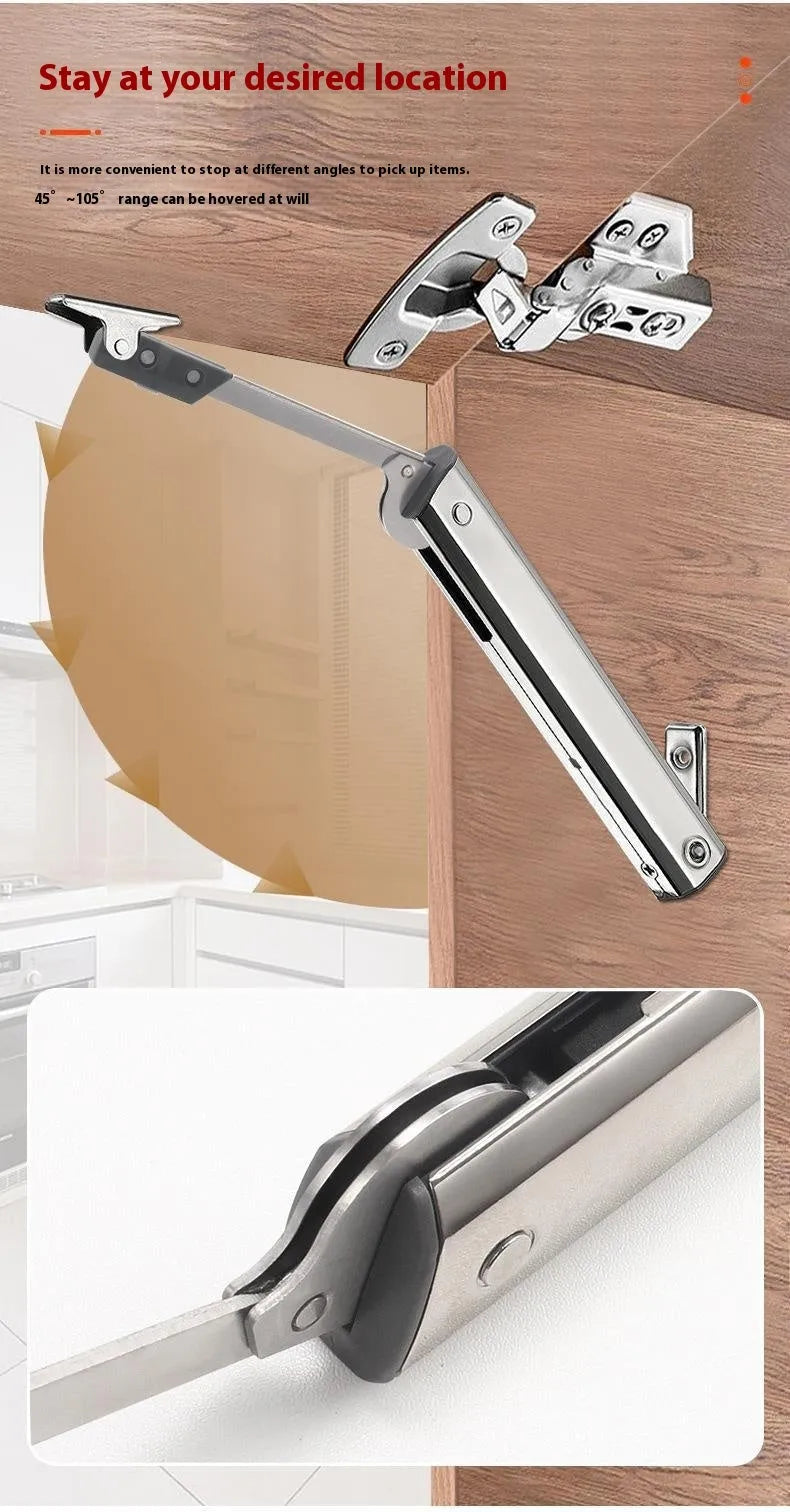 Cold rolled steel flap-up door support rod with spring jackstay in stainless steel finish.