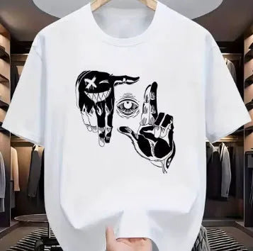 Men's grey mesh T-shirt with cartoon digital print showing round neck and short sleeve design