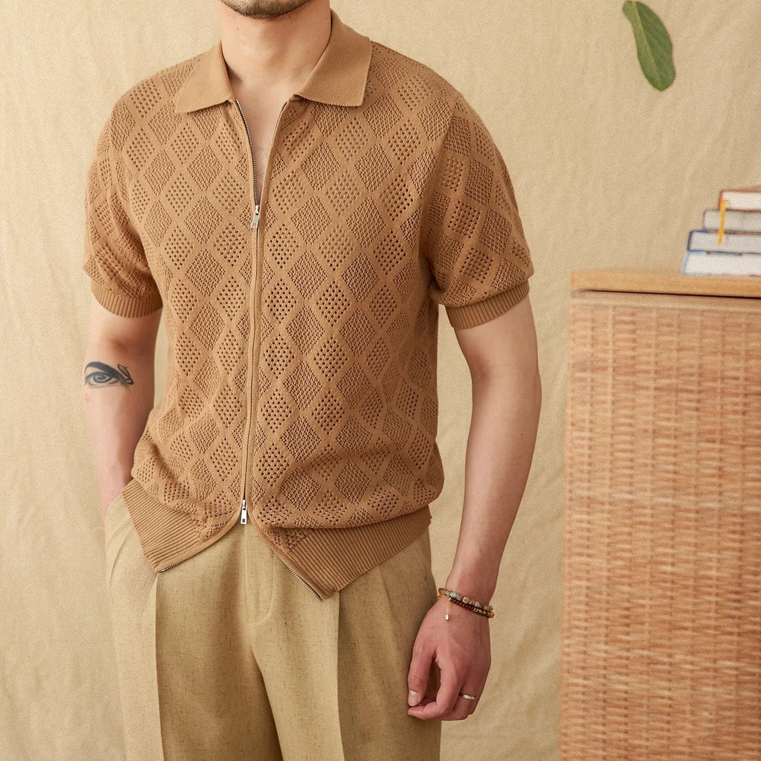 Cotton zipper cardigan top with lapel collar and short sleeves in light brown colour