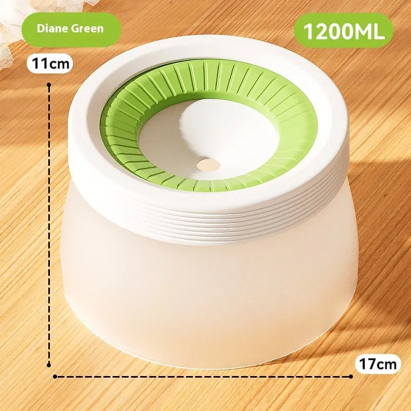 Suspension pet water bowl with non-wet mouth design in blue, green, and brown colour options showing 600ml and 1200ml capacities