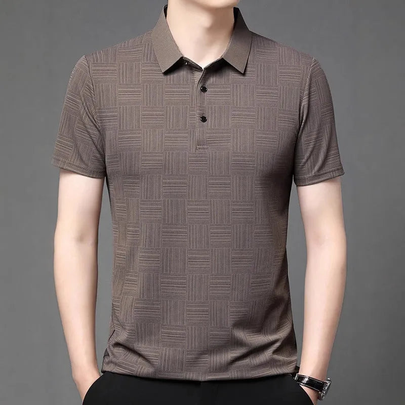 Men's slim fit lapel collar t-shirt in beige, made from a thin breathable fabric.