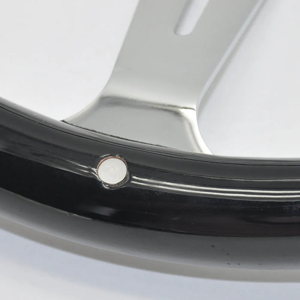Black wooden steering wheel showing 15-inch diameter and 6-hole bolt pattern for classic car installation