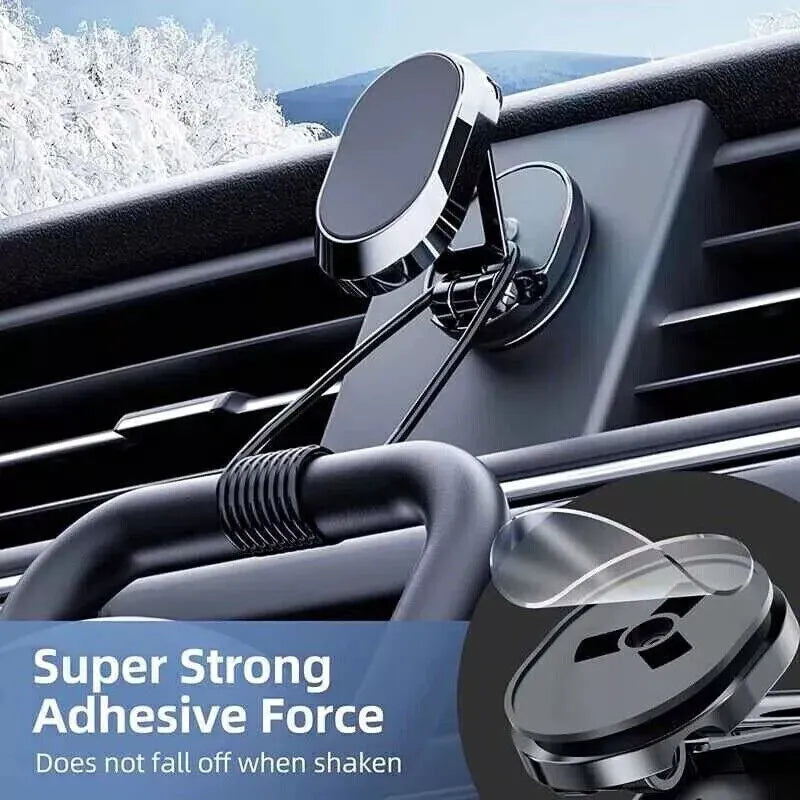 Chrome folding magnetic car phone holder with 360-degree swivel on car dashboard