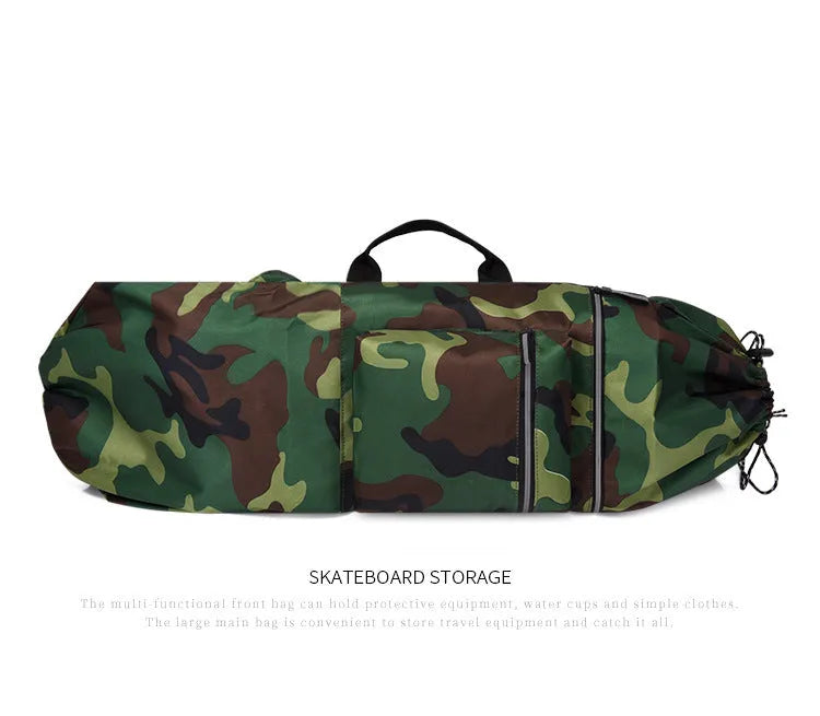Waterproof nylon skateboard backpack with 20-35L capacity shown in camouflage colour option