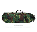 Waterproof nylon skateboard backpack with 20-35L capacity shown in camouflage colour option