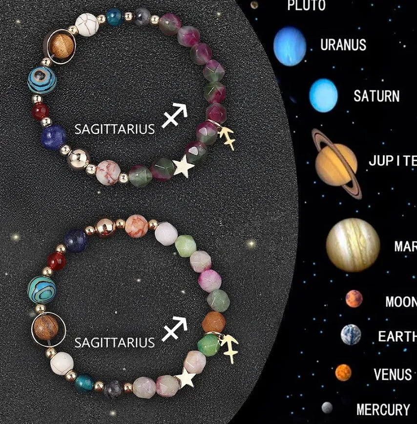 Two natural stone beaded bracelets showcasing zodiac sign designs on a selection card.