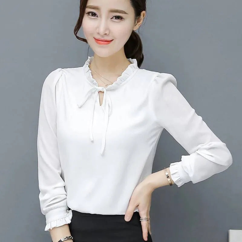 Loose plus size bow chiffon shirt women's long sleeve pullover polyester top in rose red