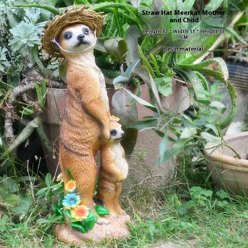 Straw hat mongoose garden ornament with synthetic resin construction for outdoor decoration