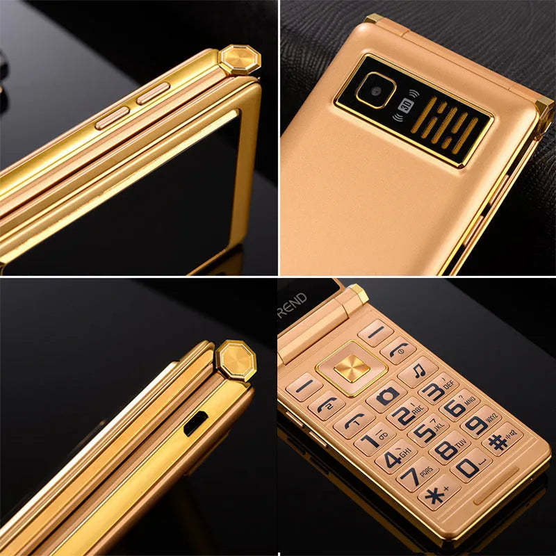 Dual screen flip A15 mobile phone in black, brown, or gold with touch screen and external display