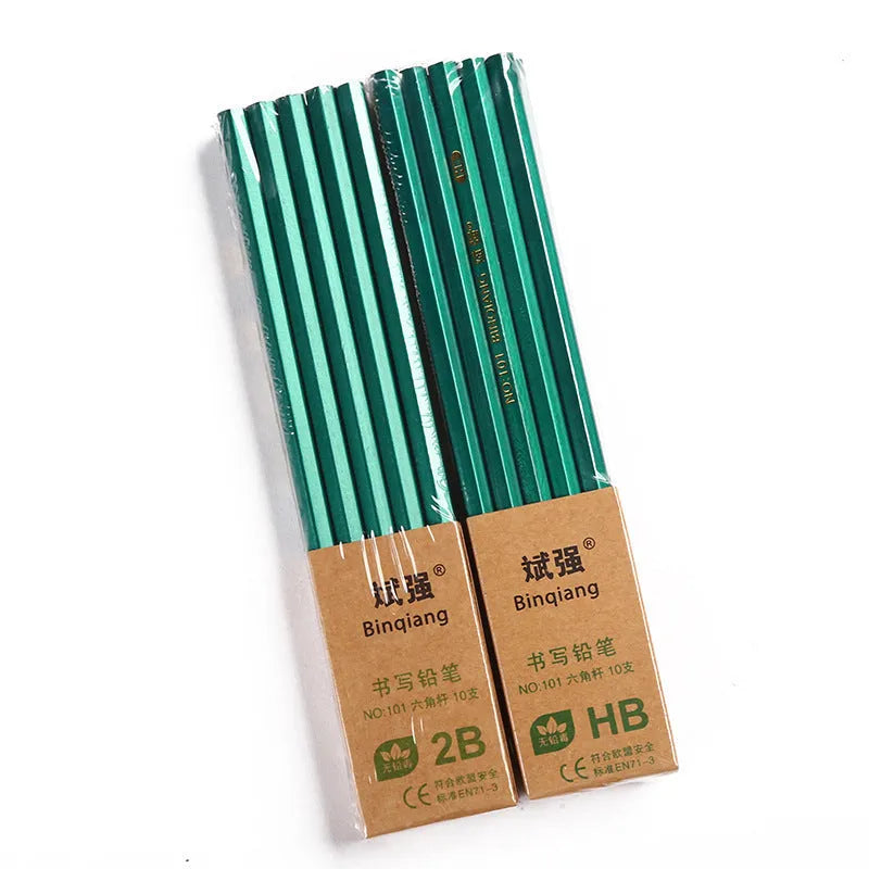 Green hexagonal wooden pencils in 2B and HB grades, 10-piece boxed set for drawing and writing