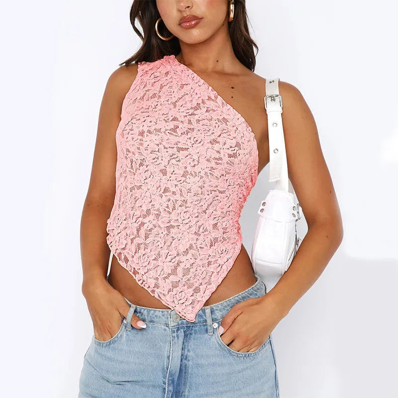 Women's lace backless top with asymmetrical neckline in polyester sleeveless vest street hipster style