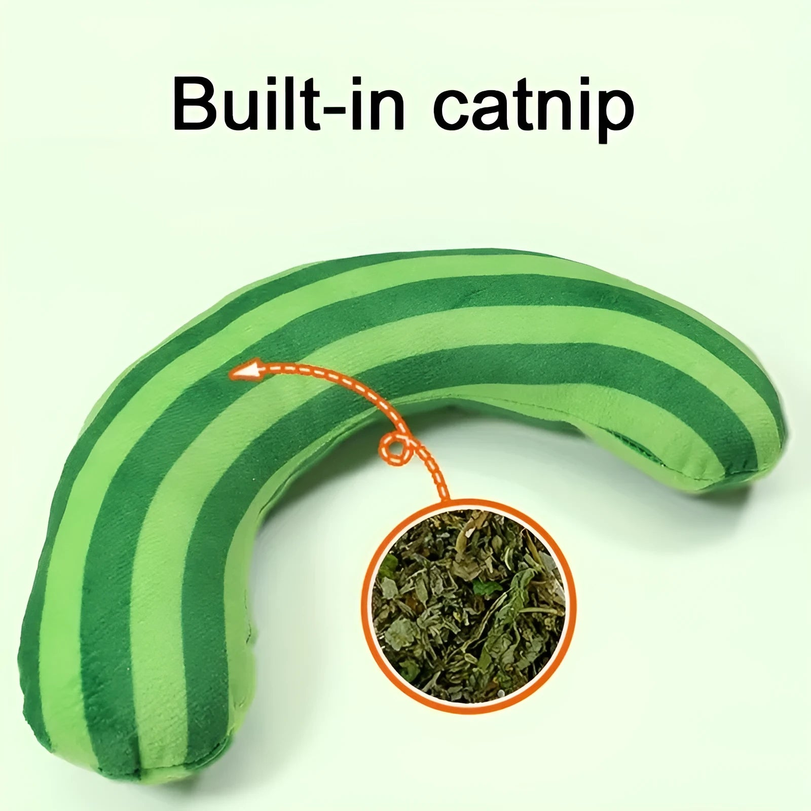 Green, rainbow, and yellow cat toy set with noise-maker, catnip, and a striped pillow measuring 23 by 20 cm.