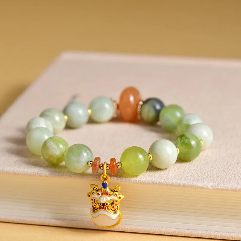Handmade green milk-in-water jade bracelet with 10mm geometric retro beads for women.