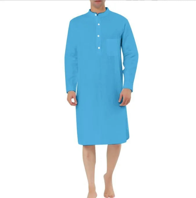 Men's cotton shirt robe with a front pocket, shown in one of nine available colours.