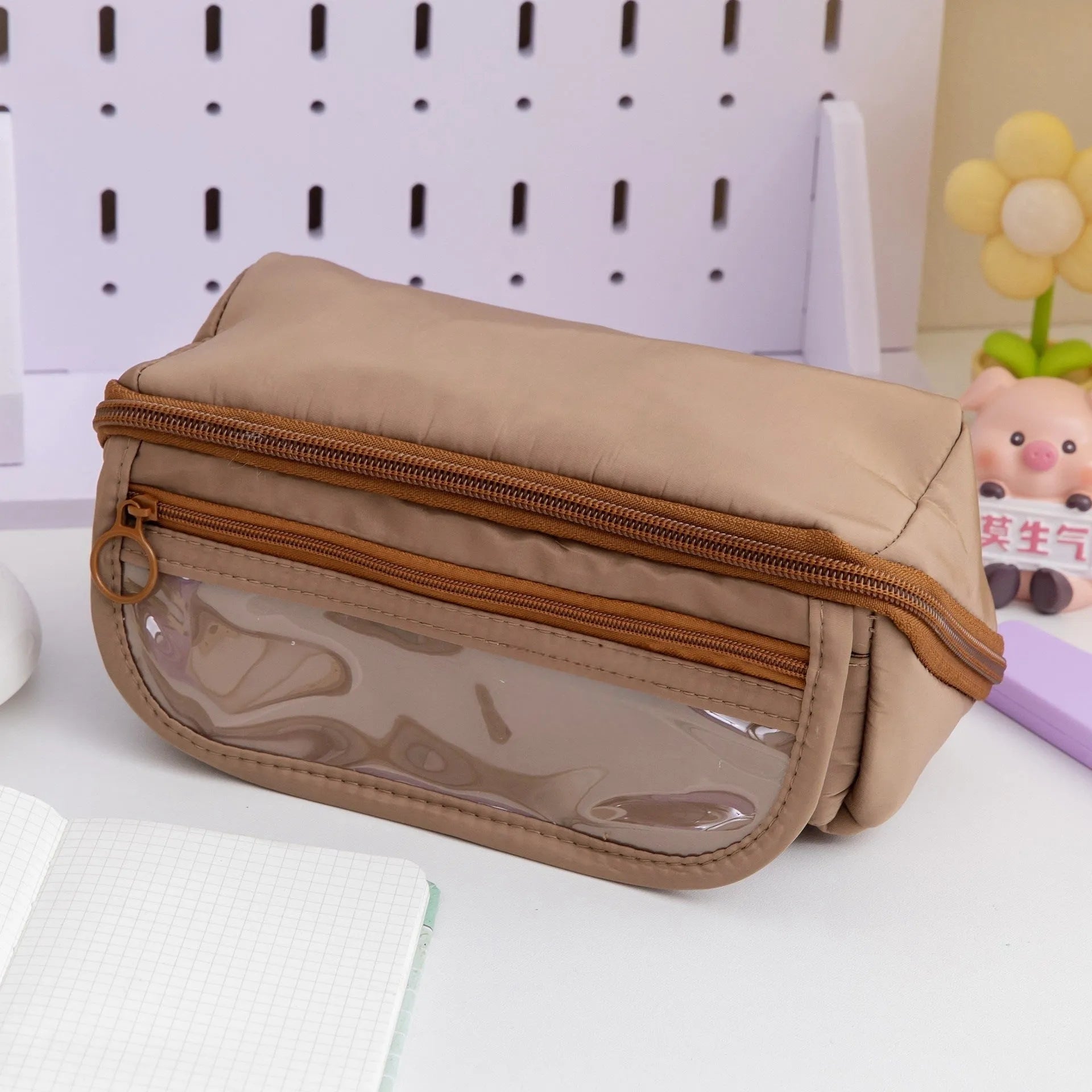 Korean-style canvas pencil case with a ten-layer flip design shown in various colours.