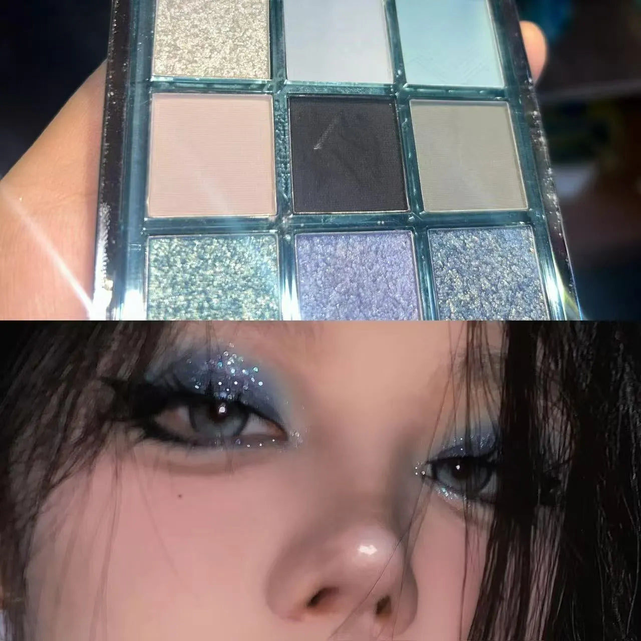MUGELEEN nine-colour eye shadow palette 08 showing matte and shimmer shades including smoked blue.