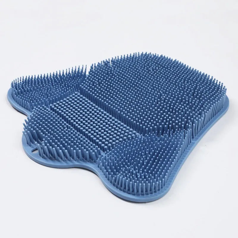 Blue silicone bath scrubber mat with bristles, shown next to grey and pink colour options.