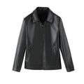 Men's black PU leather windproof jacket with zipper pockets in loose fit style