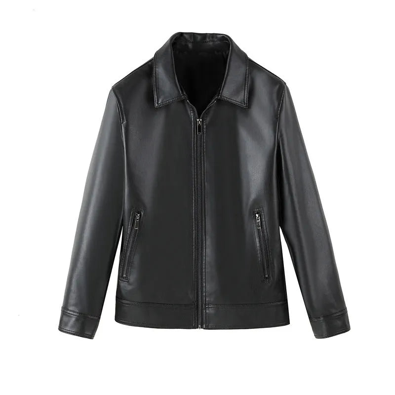 Men's black PU leather windproof jacket with zipper pockets in loose fit style