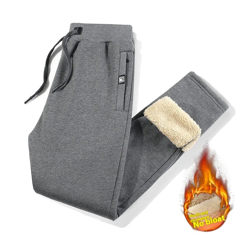 Men's grey fleece-lined cotton track pants with straight-leg styling and micro-elastic waistband