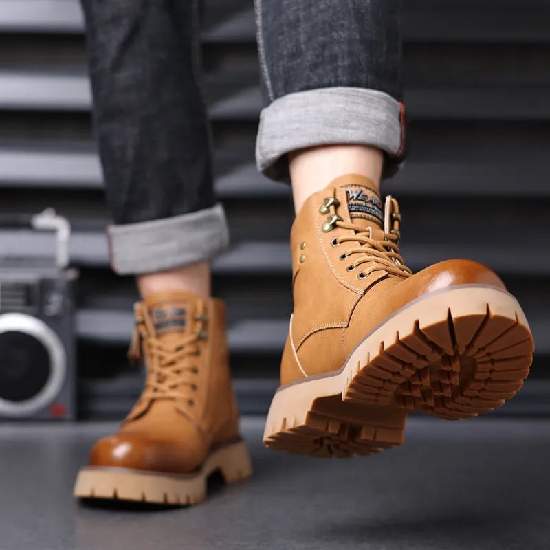Men's brown high-top Martin boots with side zipper, round toe, and mid-calf length