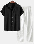 Slim-fit linen cardigan suit set with digital camouflage pattern including short-sleeve shirt and trousers