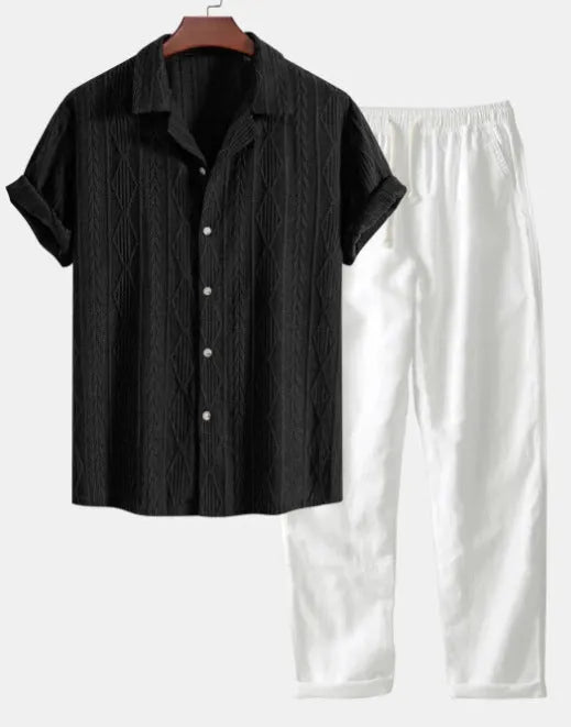 Slim-fit linen cardigan suit set with digital camouflage pattern including short-sleeve shirt and trousers