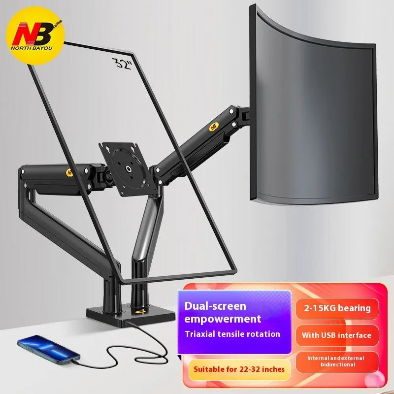 Dual screen vertical computer monitor bracket in aluminium alloy with mechanical height adjustment