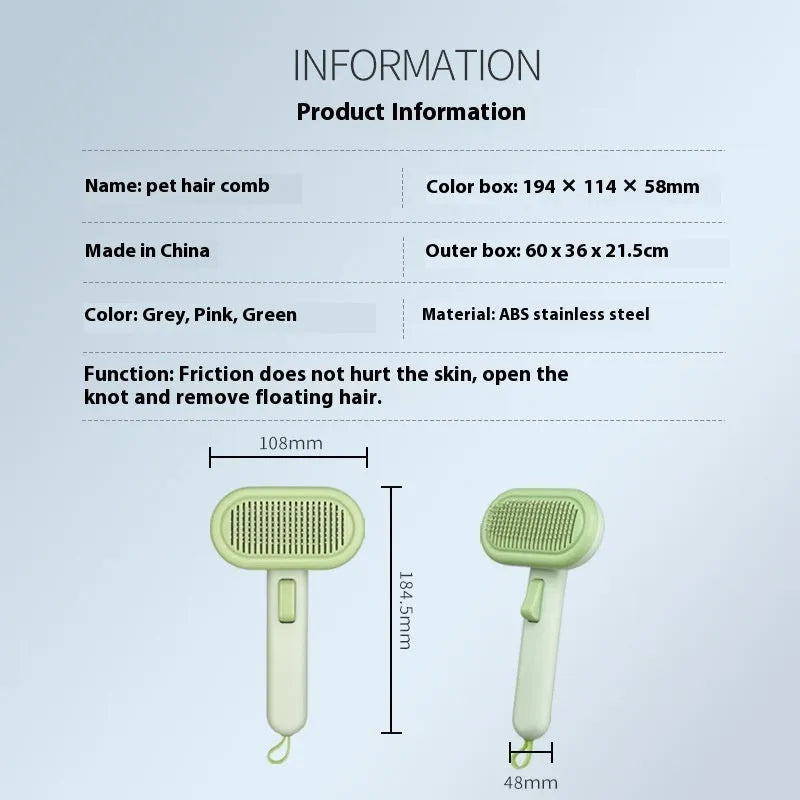 Large light grey pet grooming comb for cats and dogs showing one-click hair removal button.