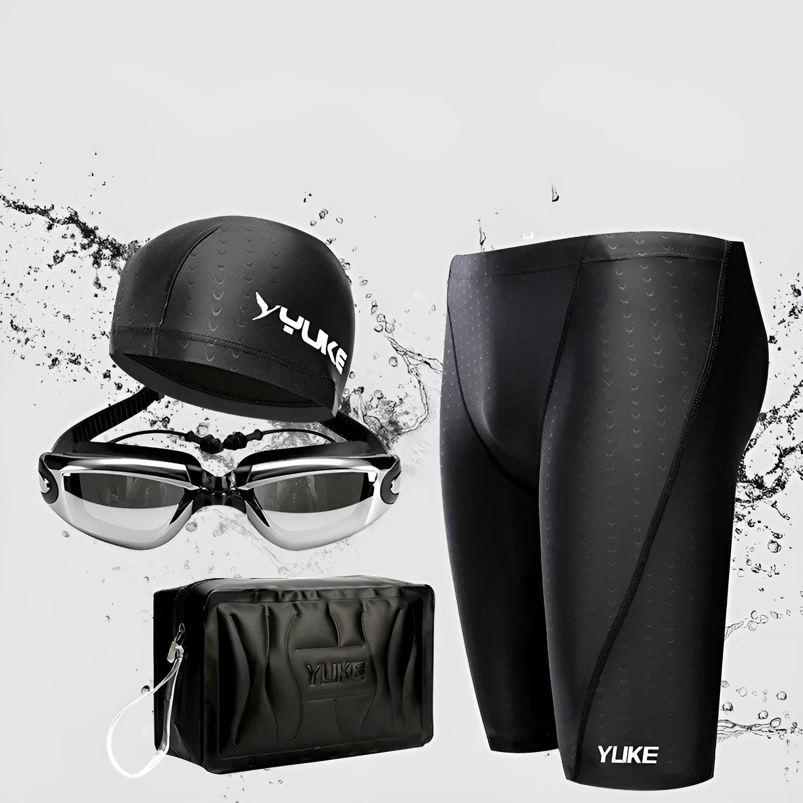 Men's five-piece swimming set showing black trunks, goggles, cap, ear plugs, nose clip, and carry bag.