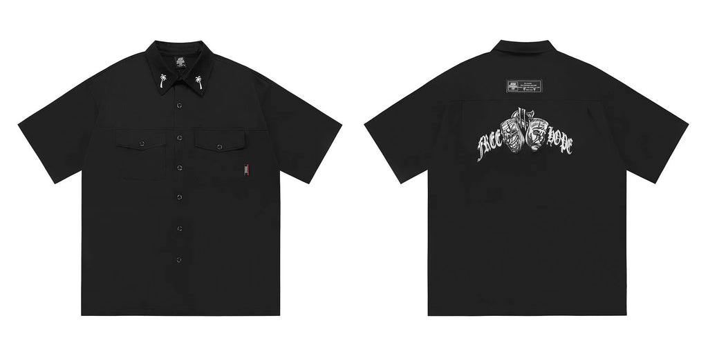 Men's black cotton blend half-sleeve shirt with a chest pocket and loose fit.